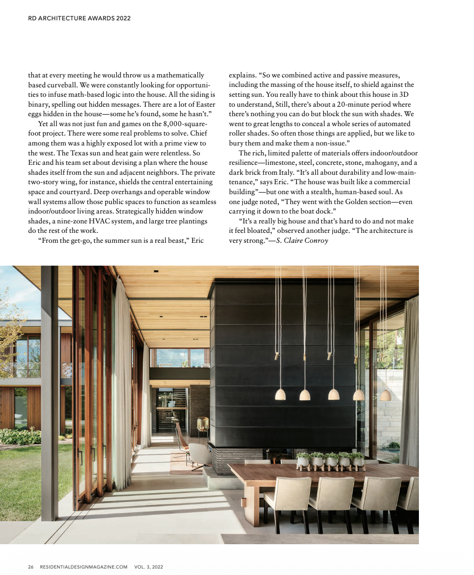 Water's Edge dining room facing living room with steel fireplace volume, Lake Austin, designed by Cravotta Interiors