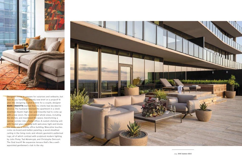 Proper Penthouse media room and 1,500-square-foot terrace at Austin Proper, designed by Cravotta Interiors, featured in Hive