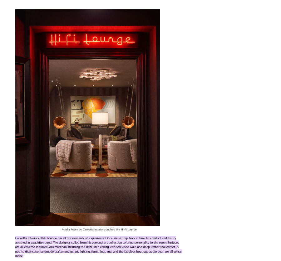 Exterior view into Mark Cravotta Hi-Fi Lounge with neon sign at Kips Bay Show House Dallas, Patron Magazine