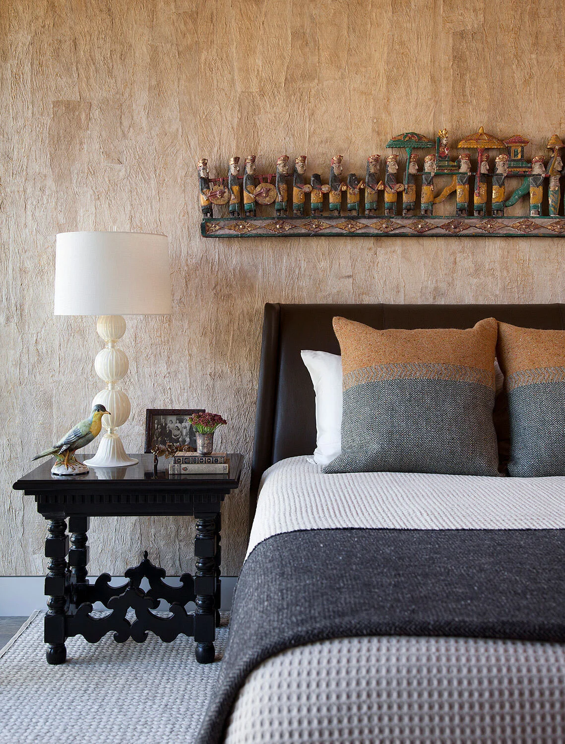  Holly Hunt bed and nightstand detail against barkcloth wallpaper in the Rocky River guest bedroom by Cravotta Interiors. 