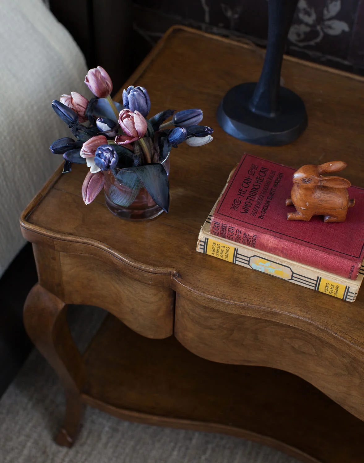  Second bedside detail showing nightstand and barkcloth wallpaper in the Rocky River guest room, designed by Mark Cravotta. 