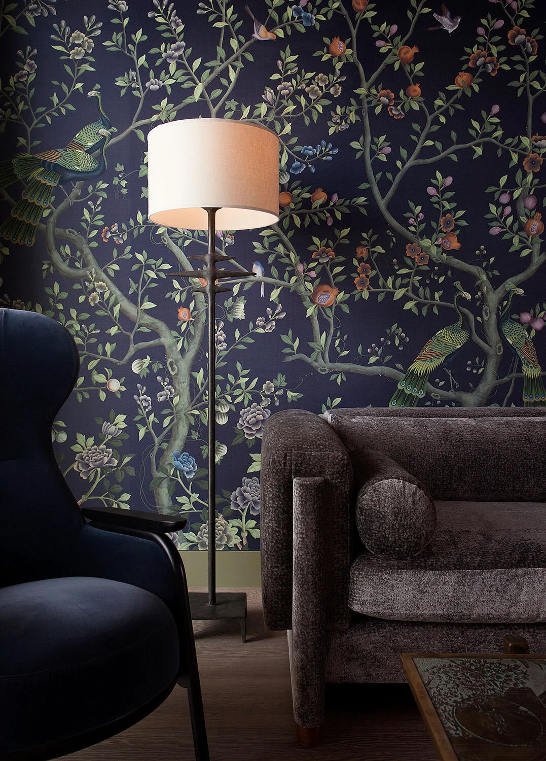  Vignette of the Rocky River library with antique fireplace and hand-painted silk wallpaper, designed by Mark Cravotta. 