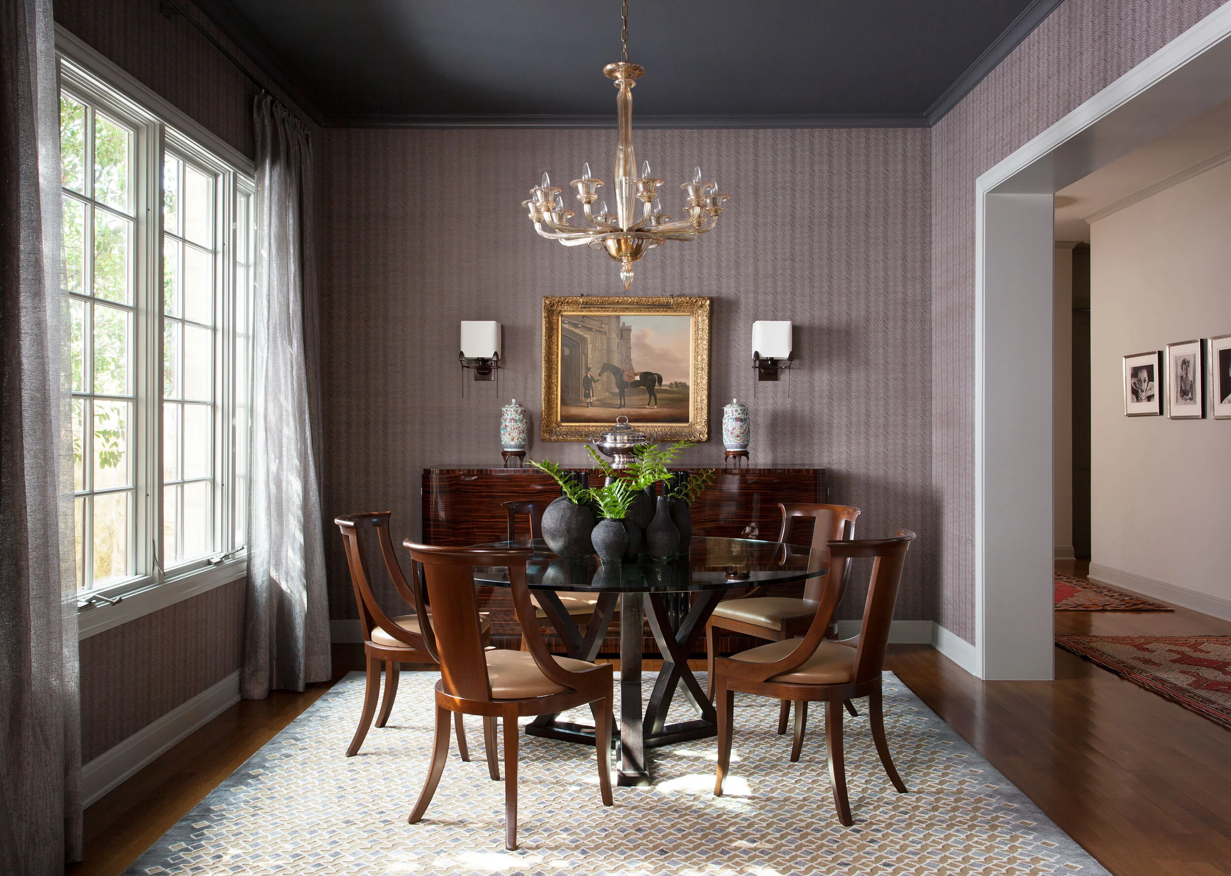  Dining room with antiques and layered, elegant finishes at Northumberland, designed by Mark Cravotta. 