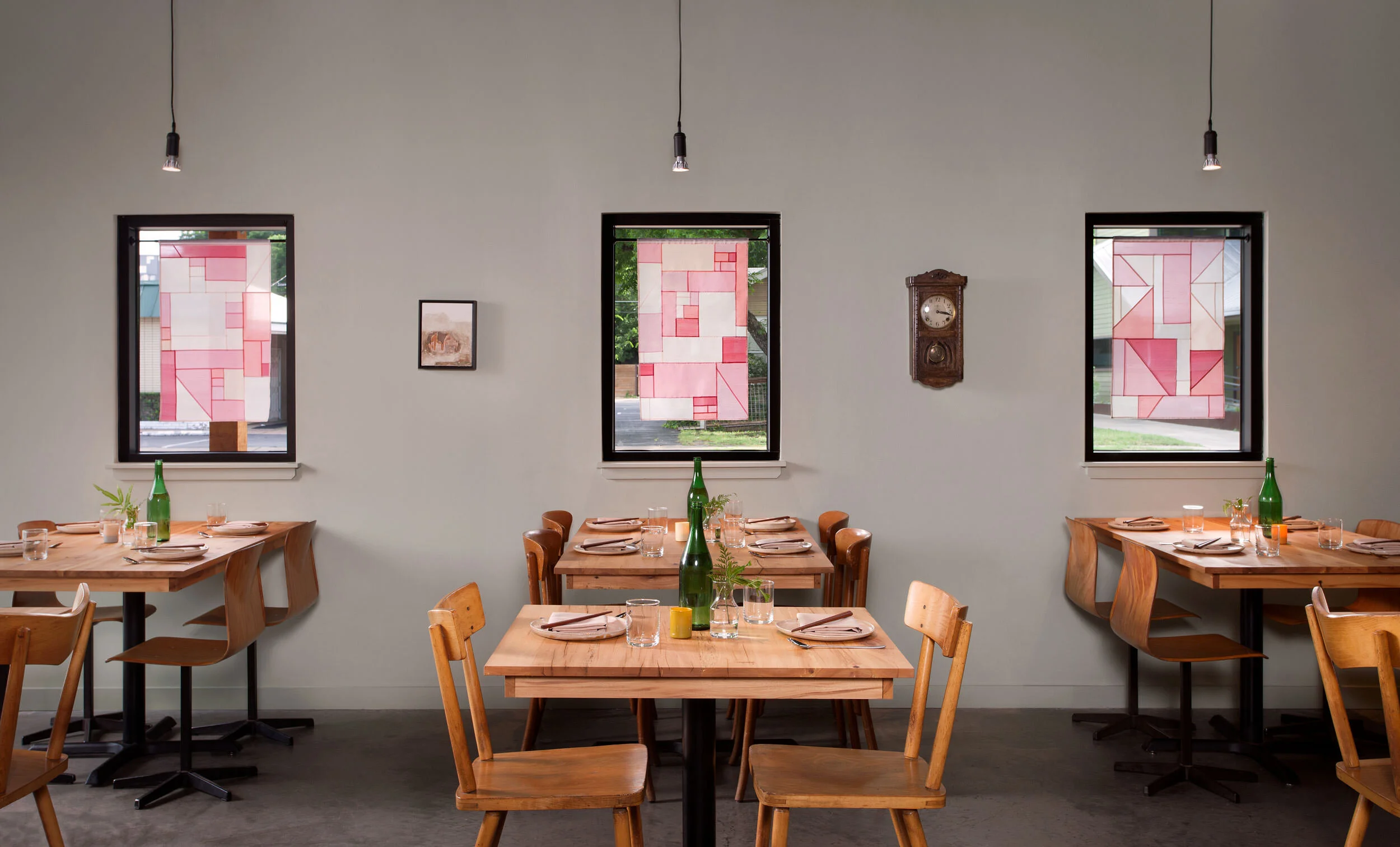  Window wall with custom jogakbo textiles in the Oseyo dining room by Cravotta Interiors. 