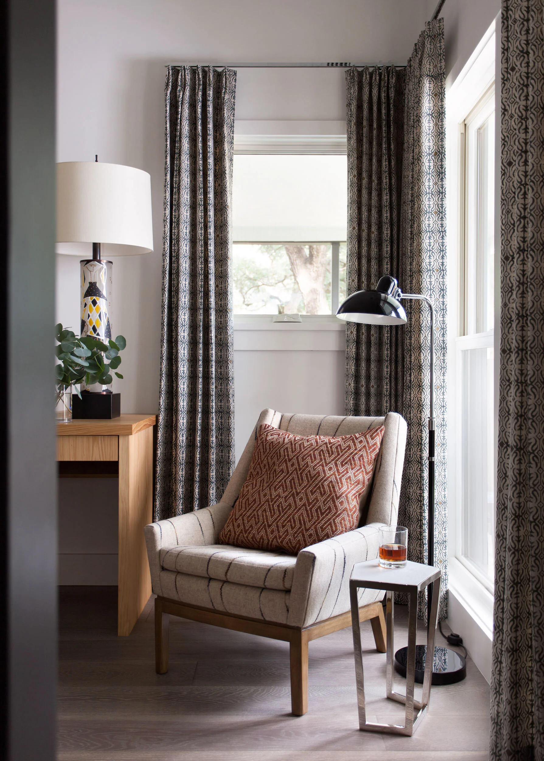  Office nook with hand-painted drapes in the Deep Eddy home, designed by Mark Cravotta. 