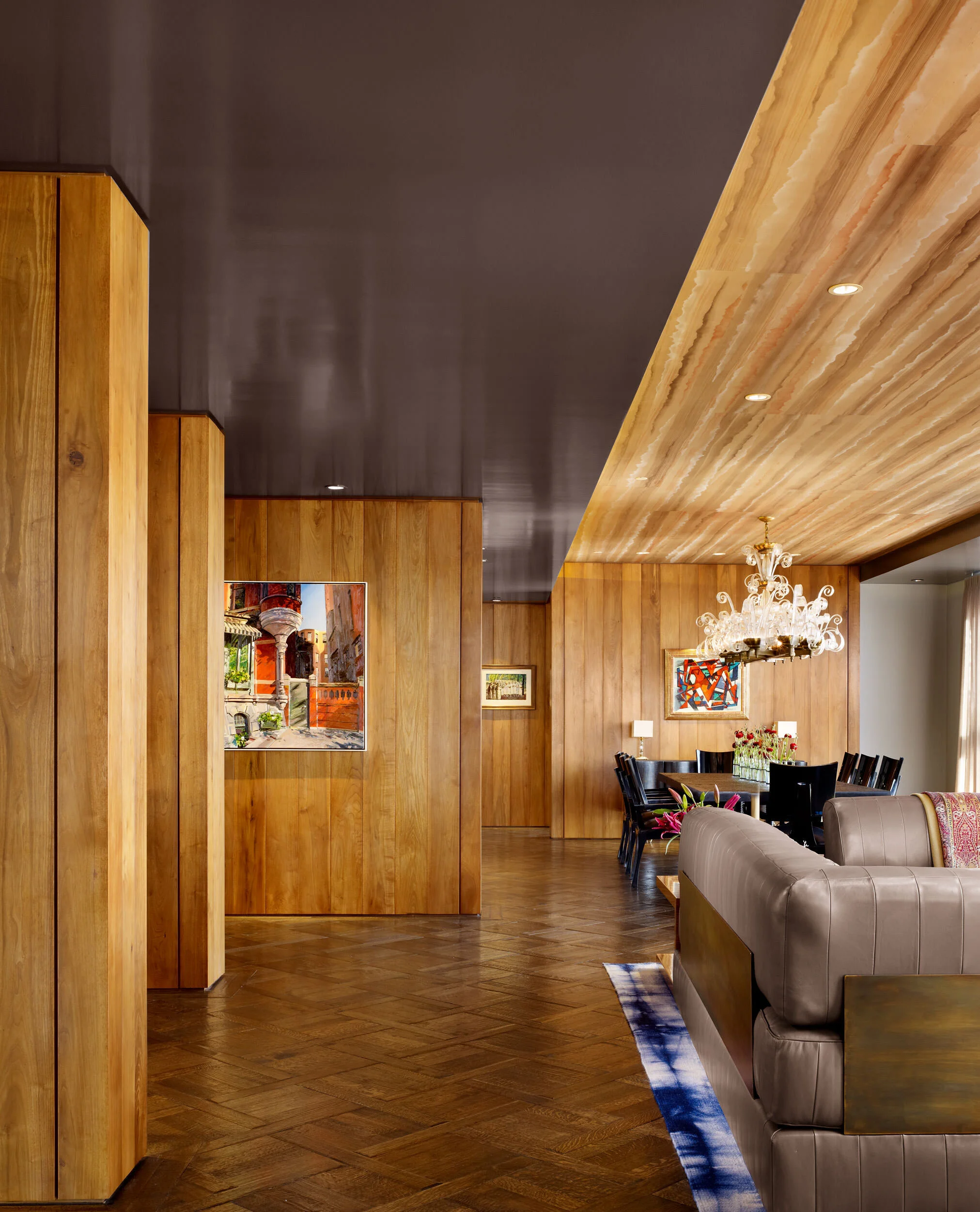  Living hall connecting to dining with French walnut paneling and painted silk ceiling, designed by Mark Cravotta. 