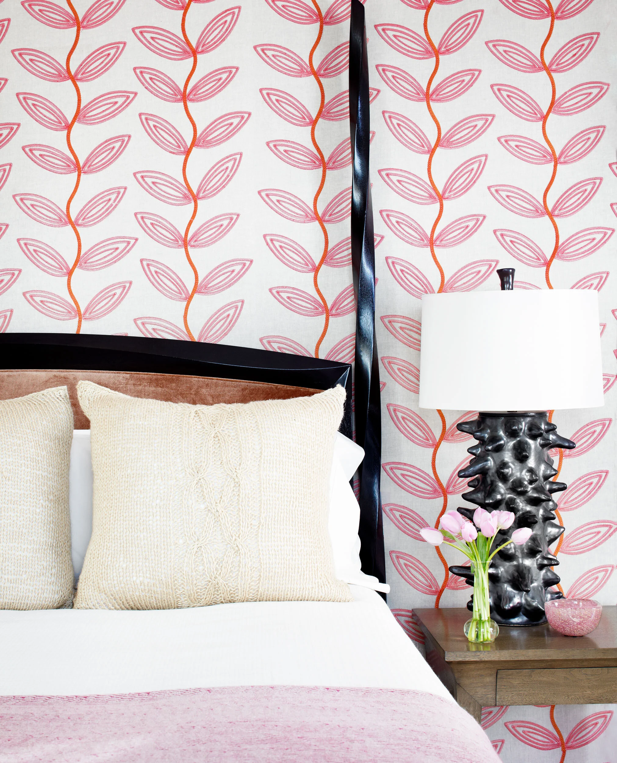  Bed detail with cashmere drapes and embroidered wallcovering in the Four Seasons summer bedroom by Cravotta Interiors. 