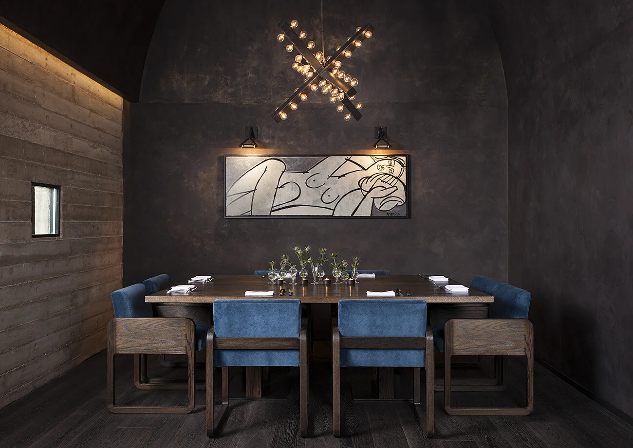  Private dining room with board-form concrete walls and America Martin painting at Juniper by Cravotta Interiors. 