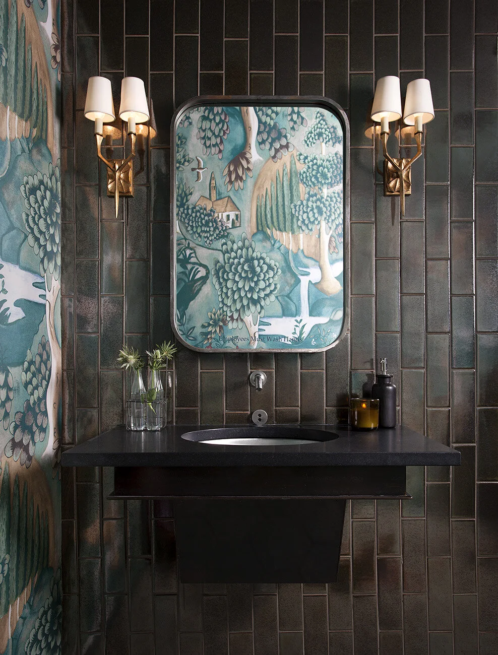  Dramatic green wallpaper restroom at Juniper Restaurant, Austin, designed by Mark Cravotta. 