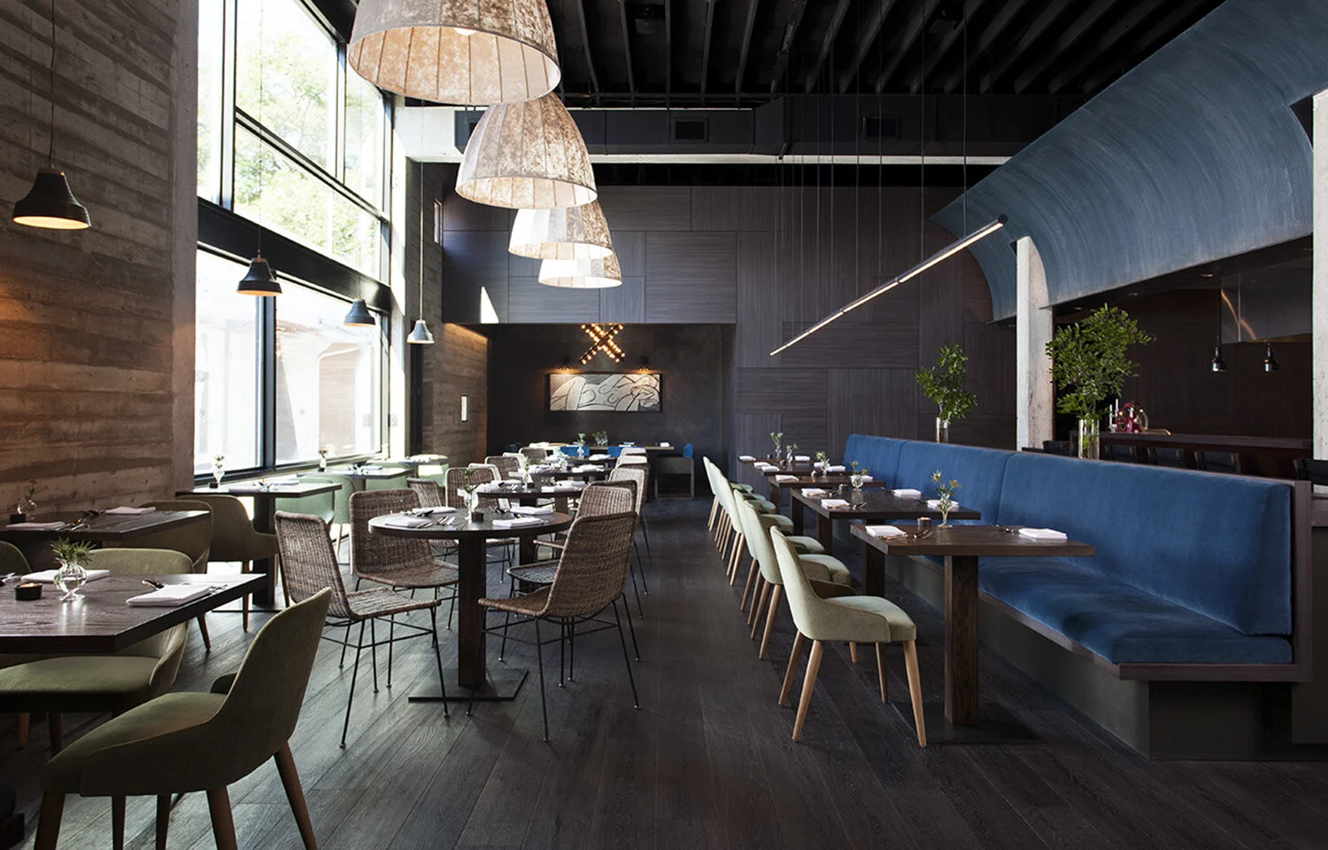  Full view of Juniper's main dining room with custom furniture and plaster wave ceiling by Cravotta Interiors. 