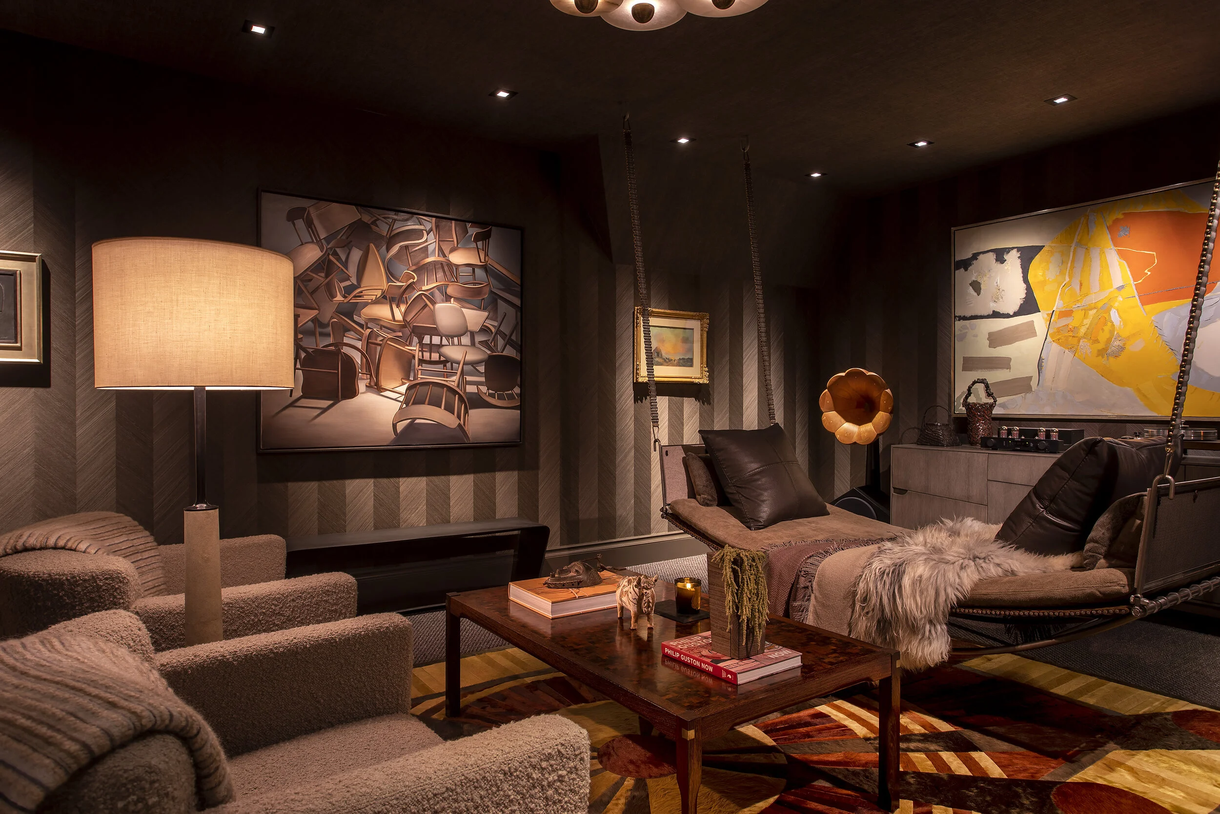  Angled view of swing bed and audiophile speaker setup at Kips Bay Show House by Cravotta Interiors. 