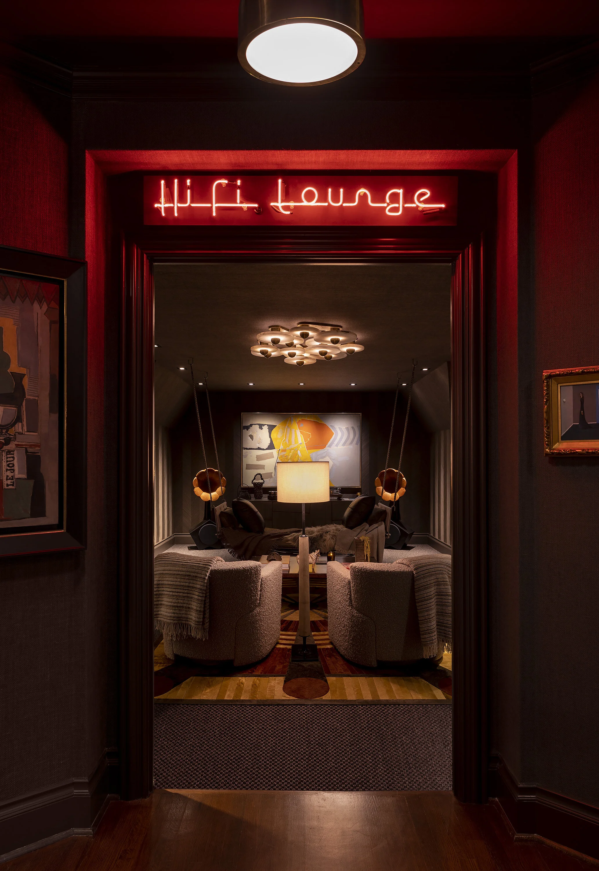  Neon sign entry into the hi-fi listening room at Kips Bay Show House Dallas, designed by Mark Cravotta. 