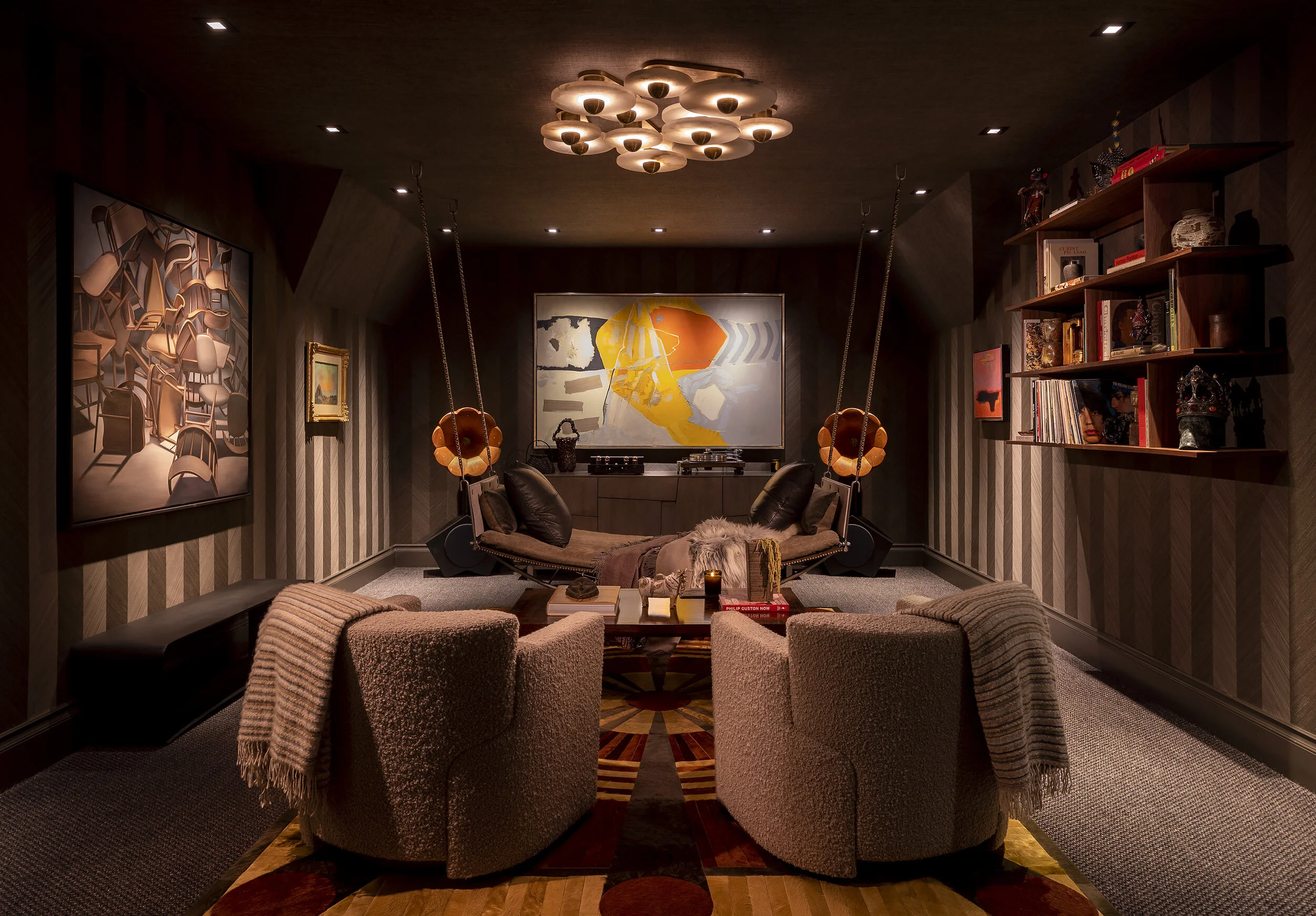  Wide view of the listening room with swing bed and wood veneer walls at Kips Bay Dallas by Cravotta Interiors. 