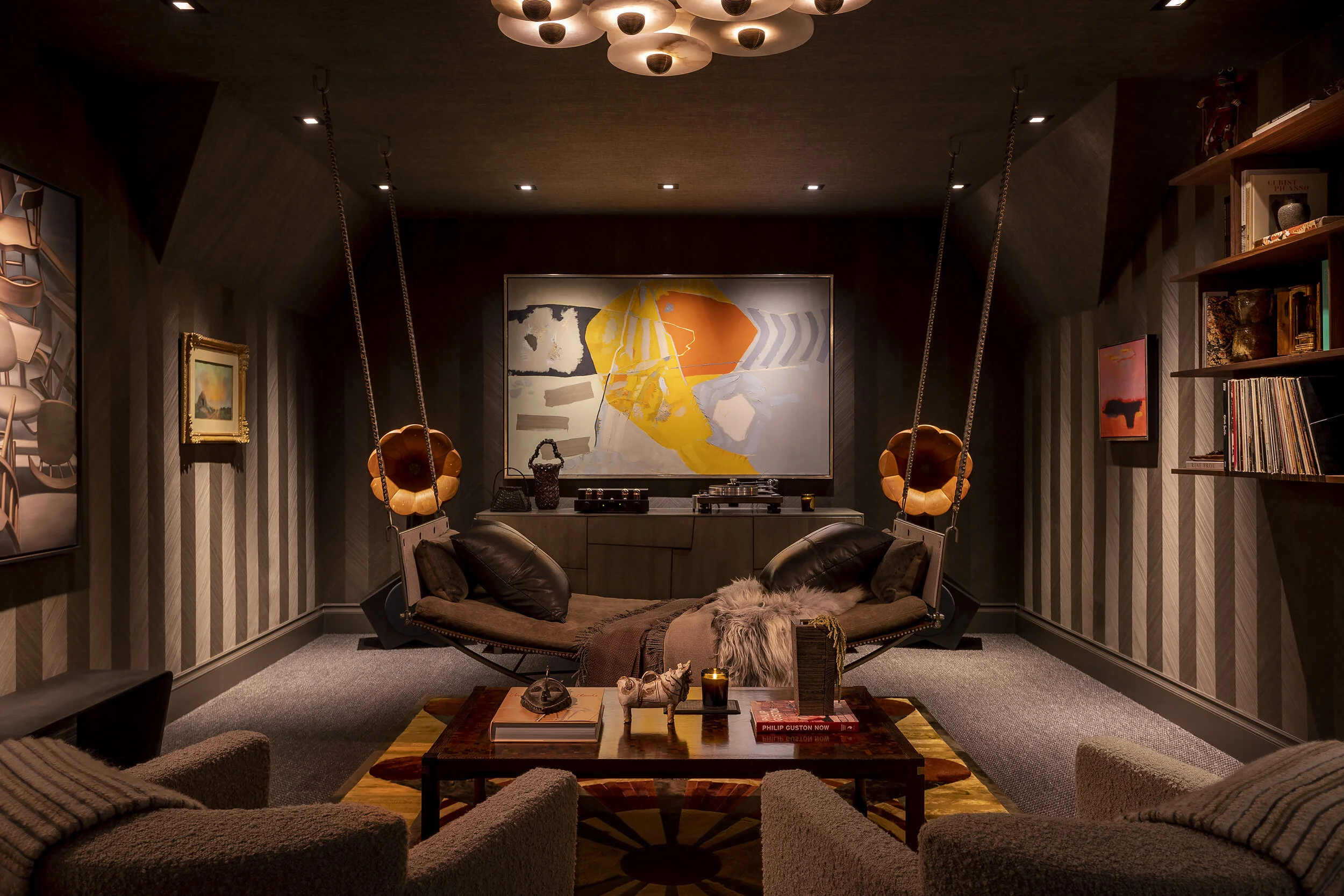  Close view of turntable, speakers, and wood veneer walls at the Kips Bay Show House, designed by Mark Cravotta. 