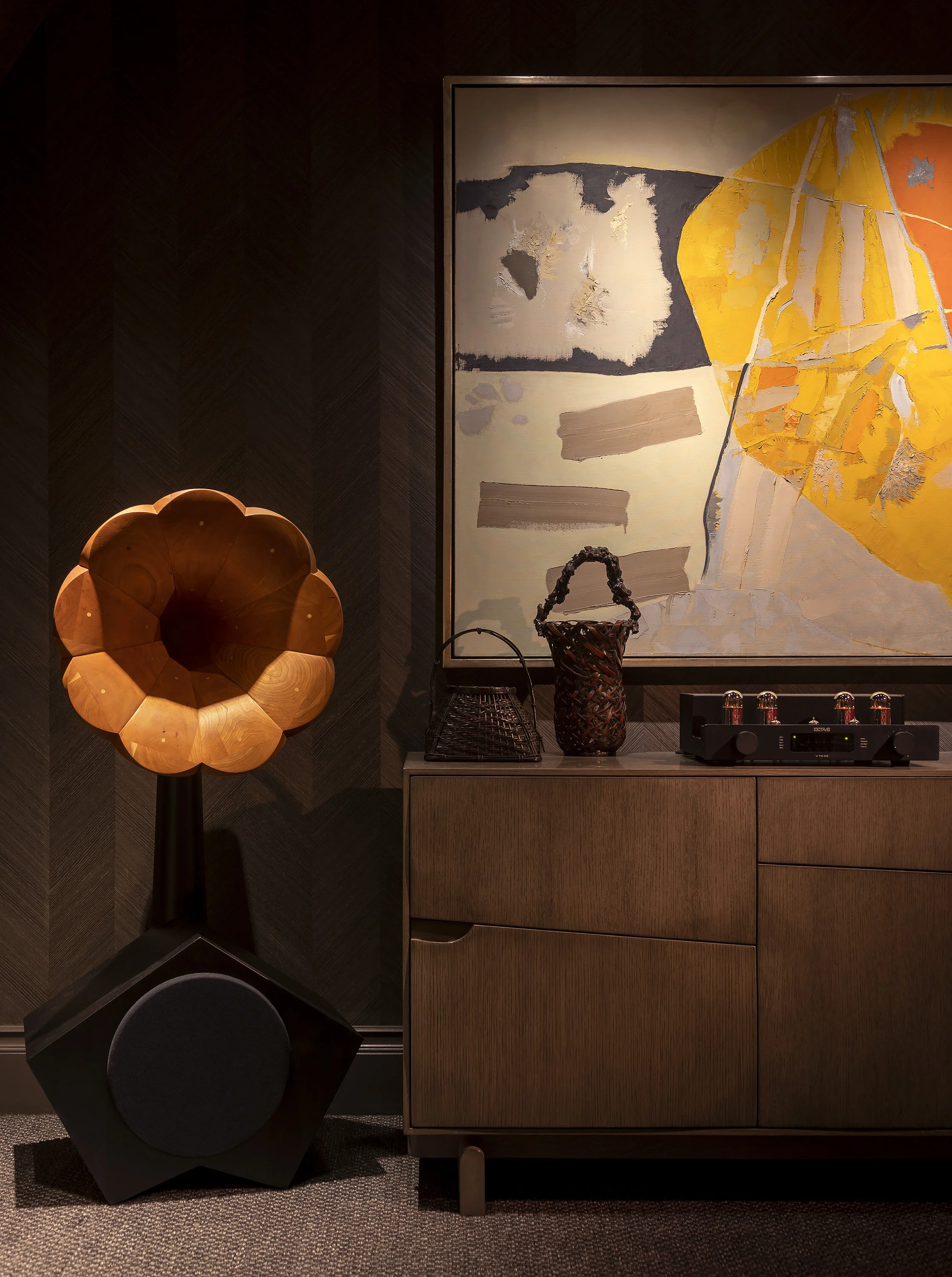  Tube amplifier and handmade audiophile speaker detail at Kips Bay Dallas by Cravotta Interiors. 