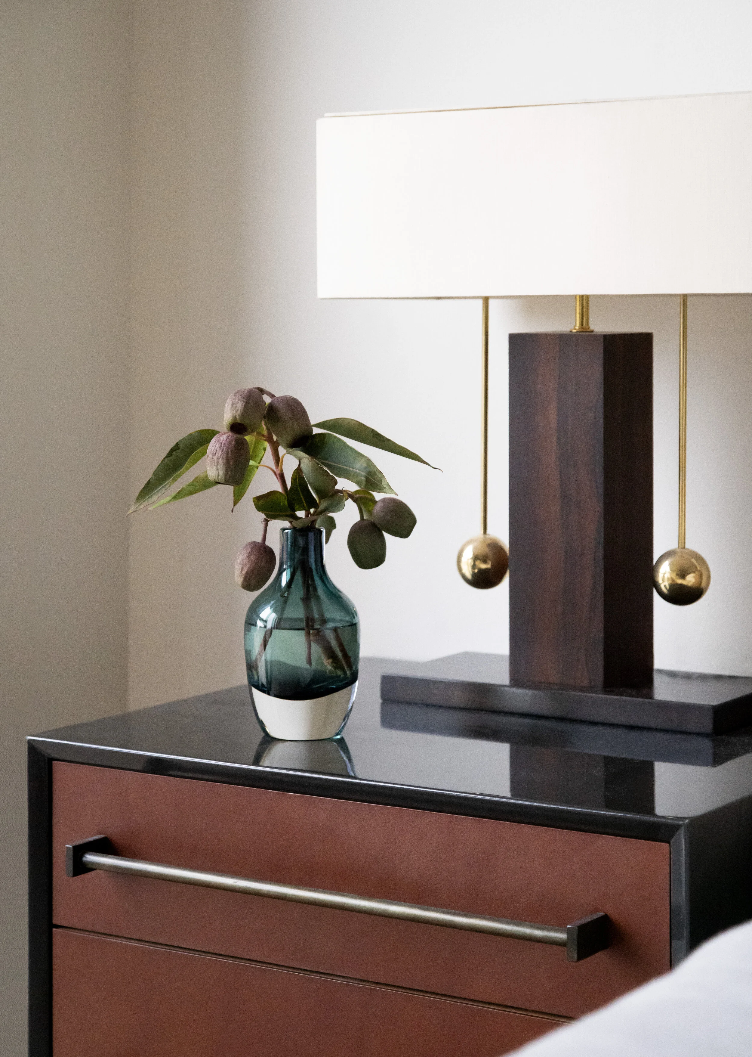  Leather and lacquer nightstand in the Proper Residence bedroom by Cravotta Interiors. 