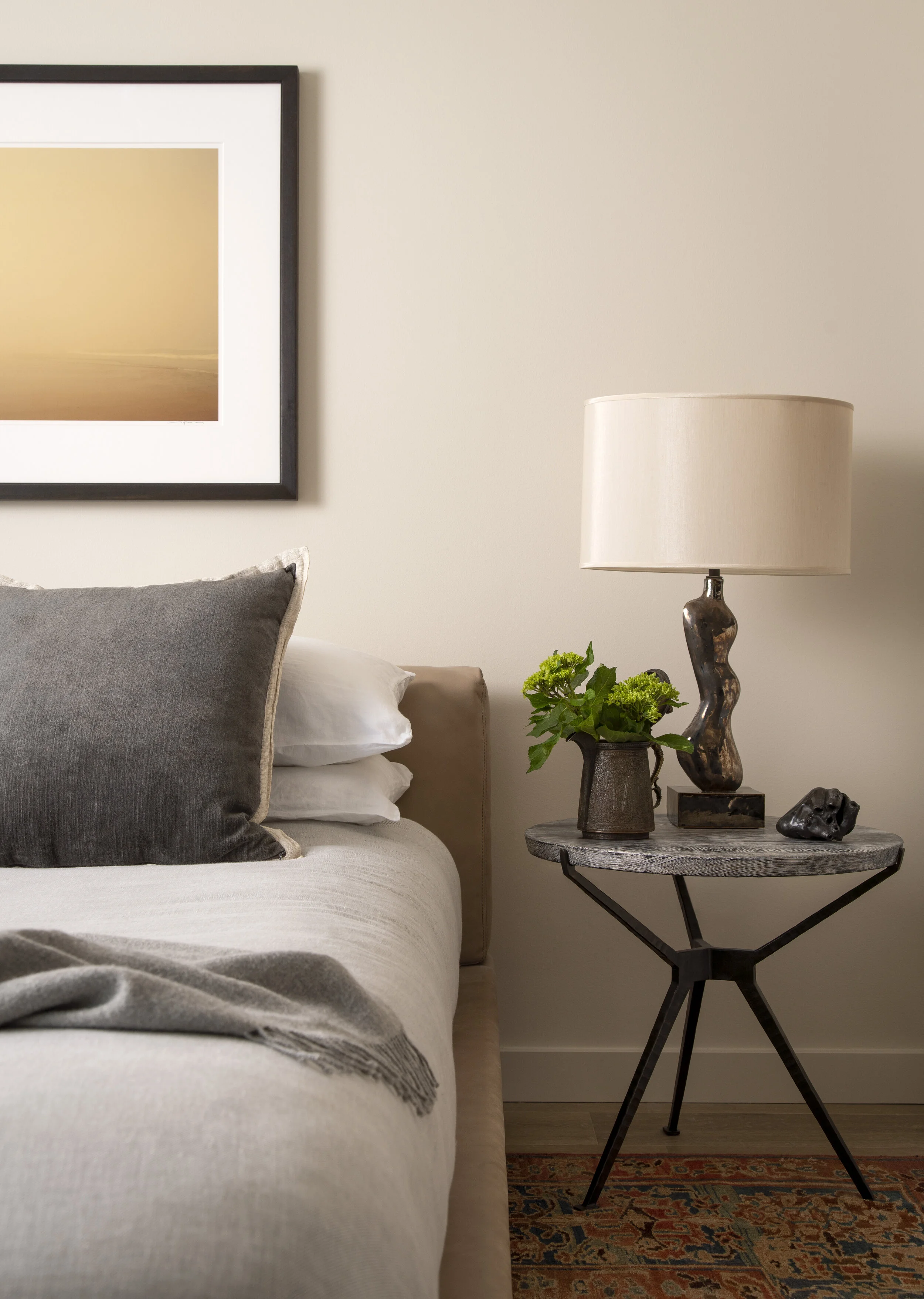  Bedside detail showing textiles and art in the Proper Residence, designed by Mark Cravotta. 