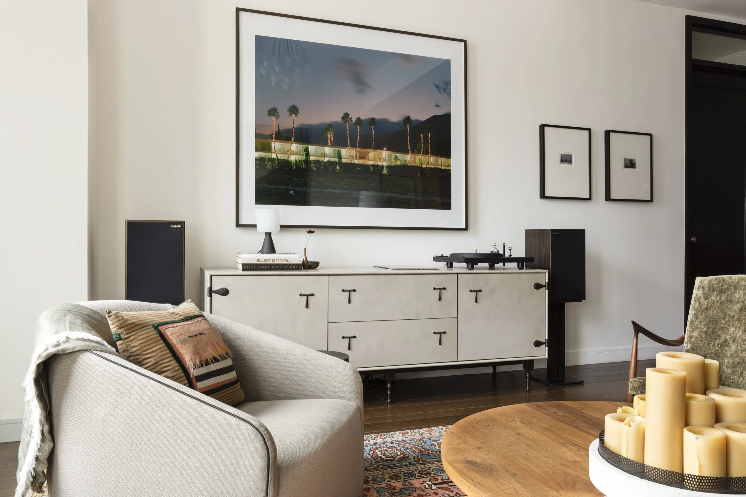  Hi-fi turntable on BDDW furniture in the Stella NYC living room by Cravotta Interiors. 