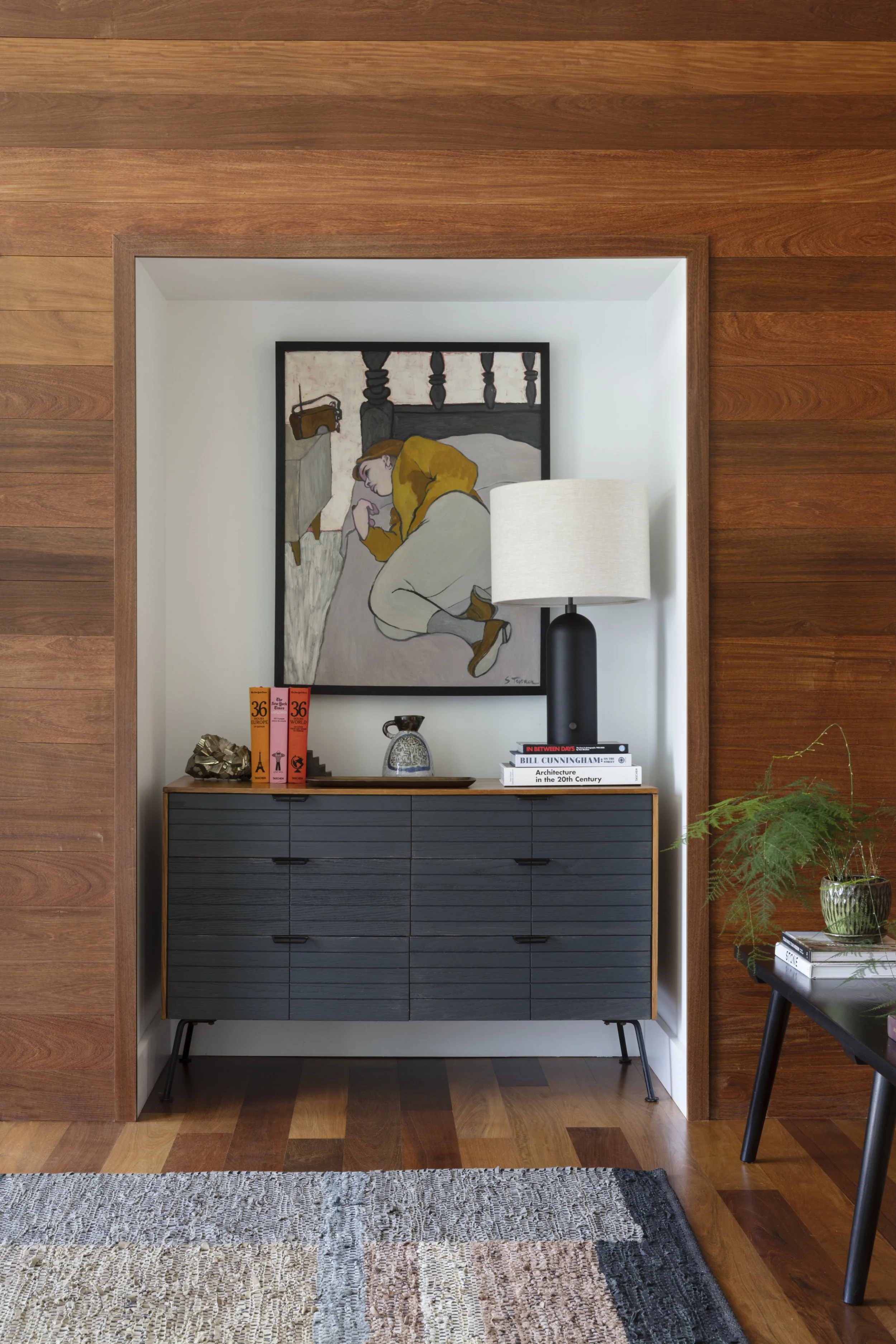  Walnut-paneled entry flooded with natural light at Rabb Road, designed by Mark Cravotta. 