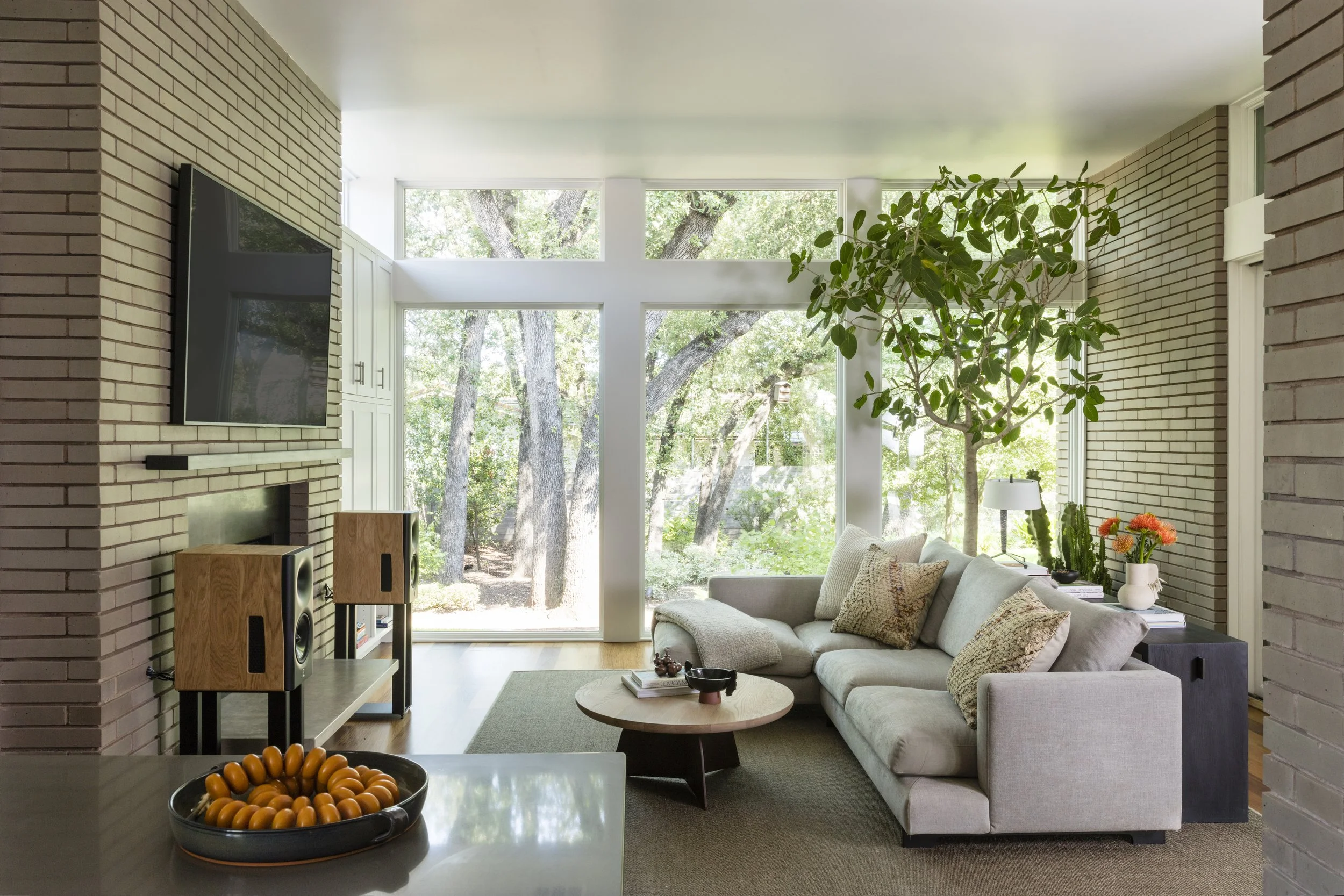  Wide view of the Rabb Road living room with interior tree and natural light, designed by Mark Cravotta. 