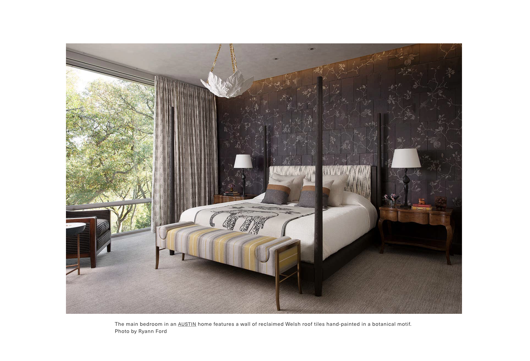 Rocky River primary bedroom with reclaimed Welsh roof tiles hand-painted in botanical motif, designed by Cravotta Interiors