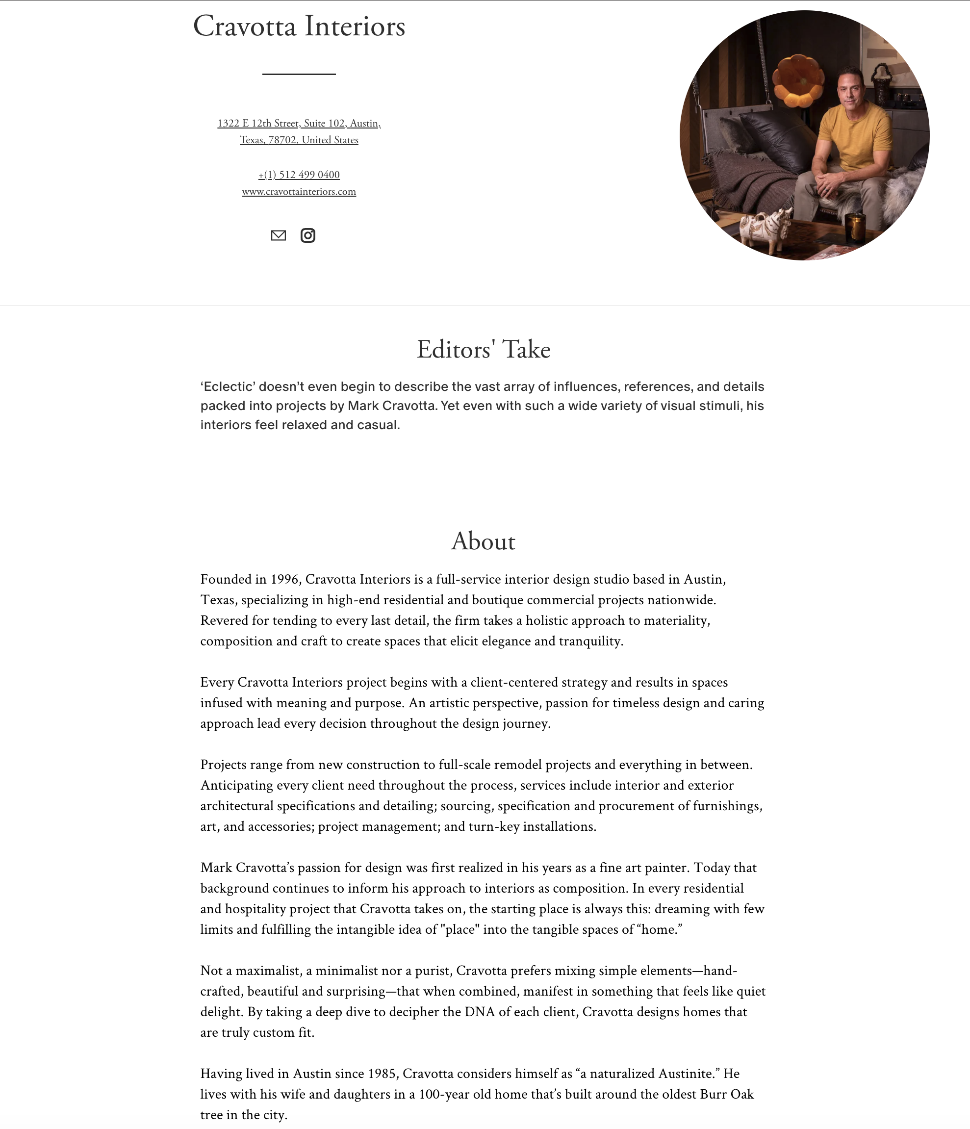 AD Pro Directory editors' profile of Mark Cravotta describing eclectic influences and detail-driven design, Cravotta Interiors