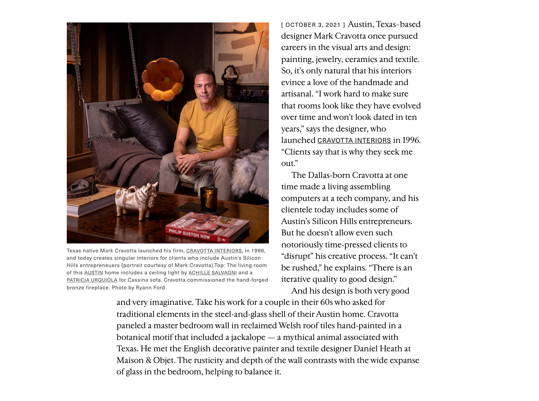 Mark Cravotta profile in 1stDibs Introspective exploring his background in visual arts, ceramics, and textile design