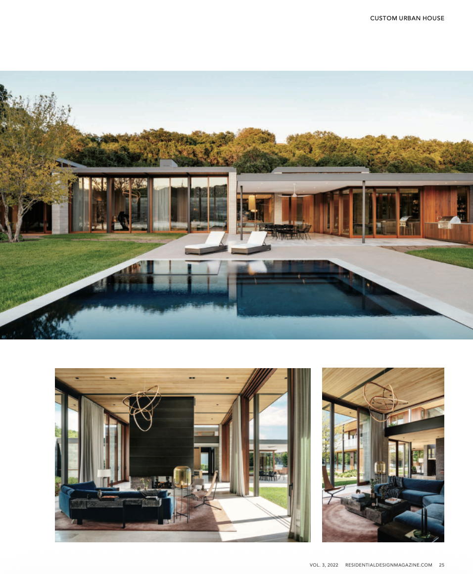 Water's Edge dining and living room interior with steel fireplace, Lake Austin residence, designed by Cravotta Interiors