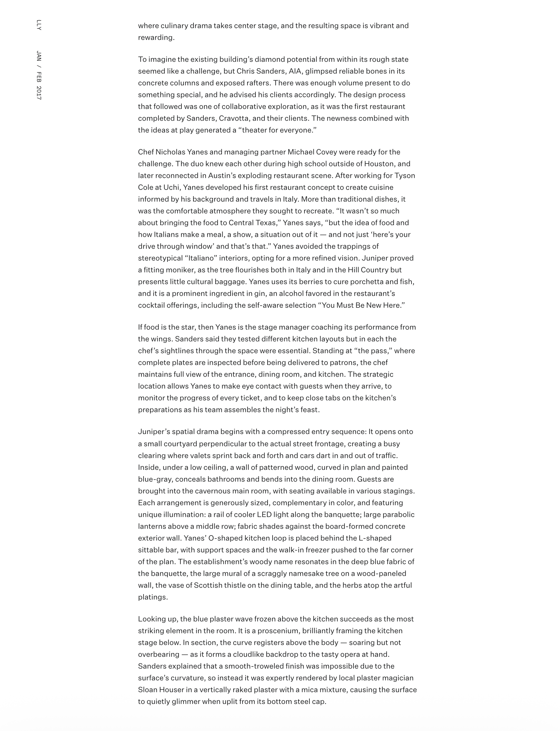 Juniper restaurant Austin article in Texas Architect on culinary stage concept, interiors by Cravotta Interiors