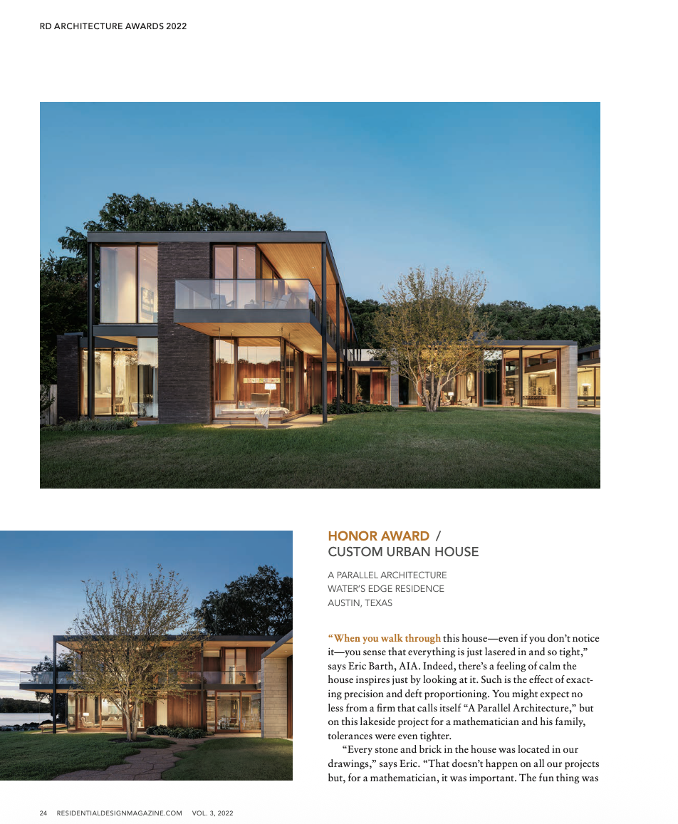 Water's Edge residence exterior on Lake Austin by A Parallel Architecture with interiors by Cravotta Interiors, Residential Design Magazine