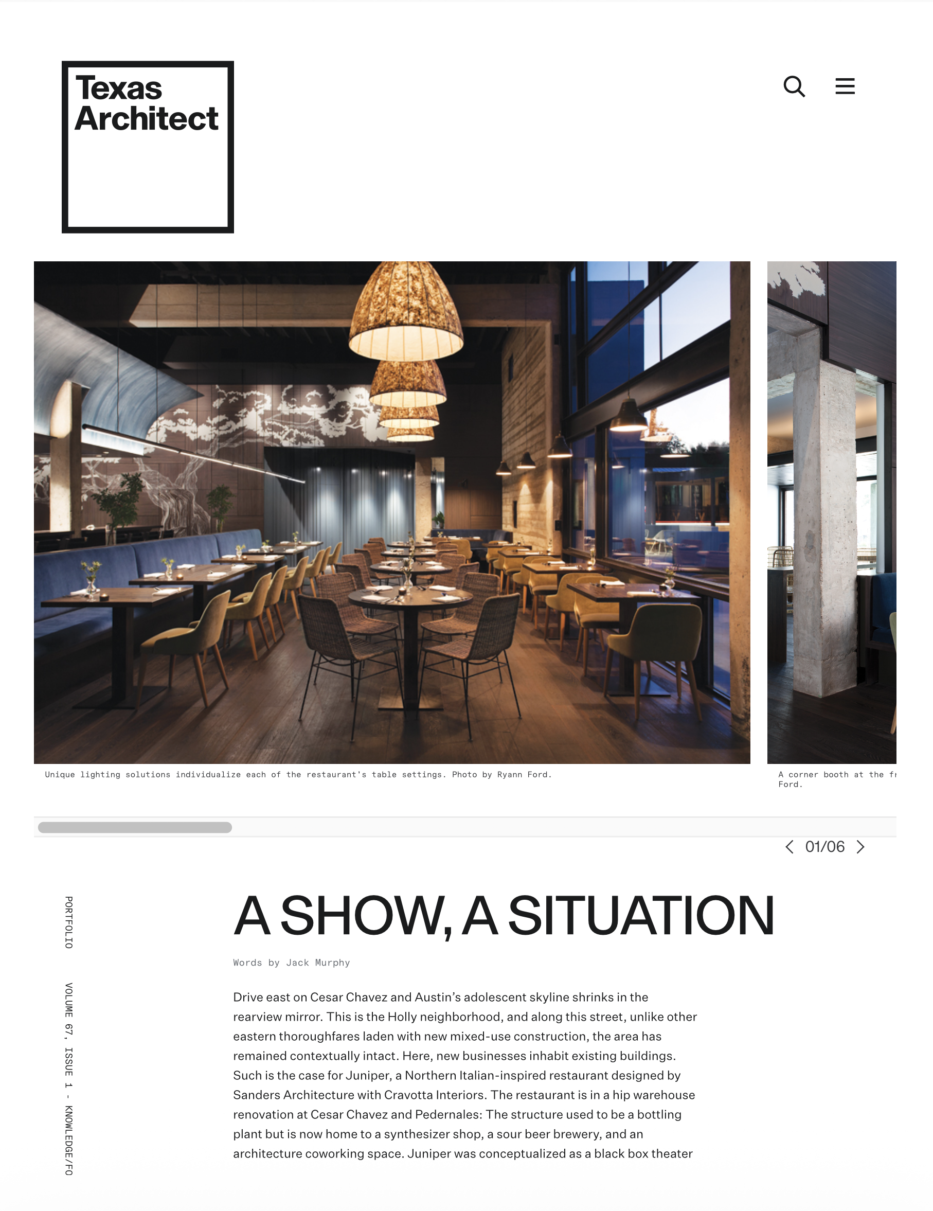 Juniper restaurant main dining room at twilight with handmade bronze and papier-mache light fixtures designed by Mark Cravotta, Texas Architect