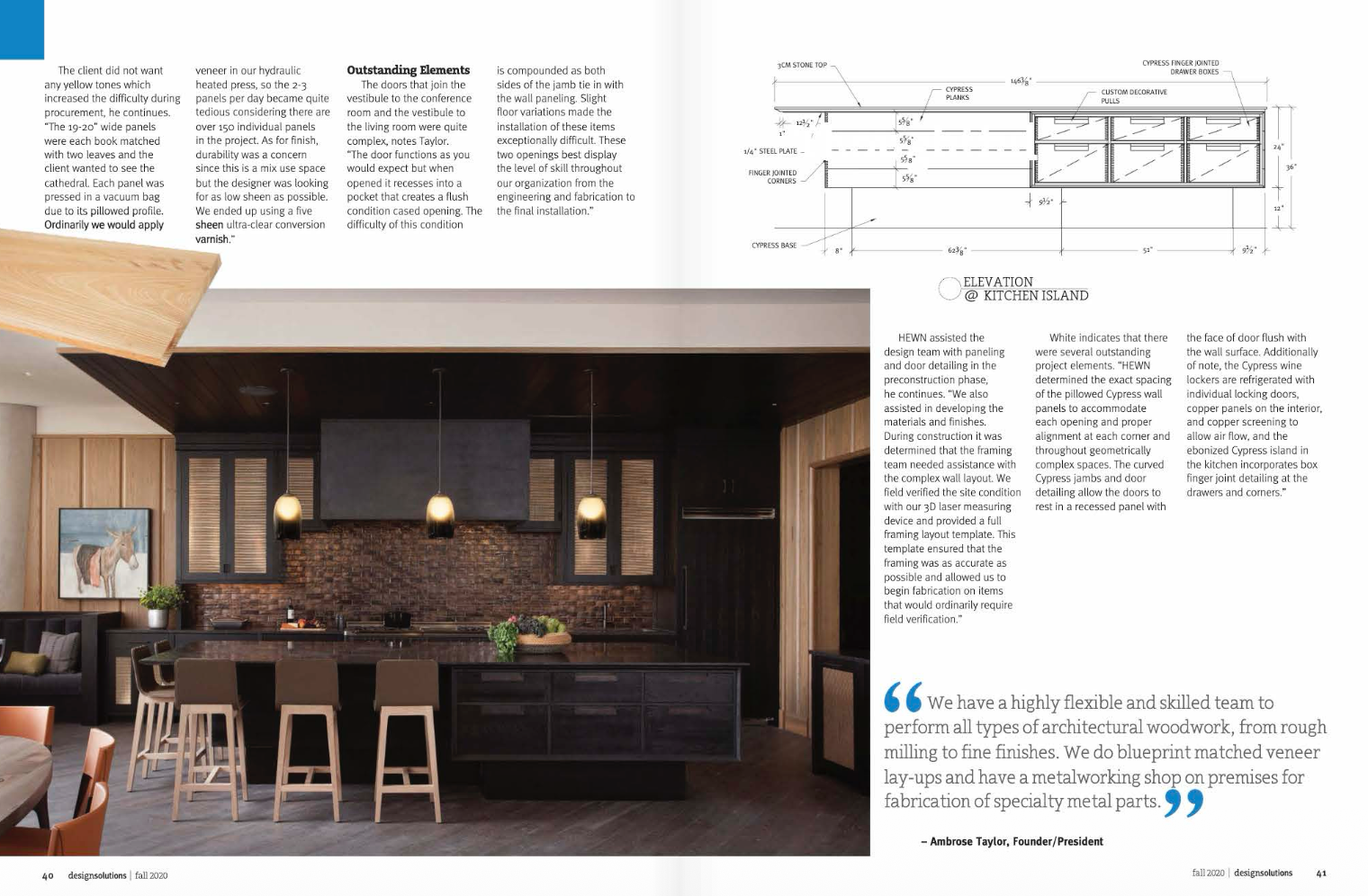 Cypress Lounge kitchen with ebonized oak cabinetry and custom cypress wall paneling, Frost Bank Tower San Antonio, Cravotta Interiors