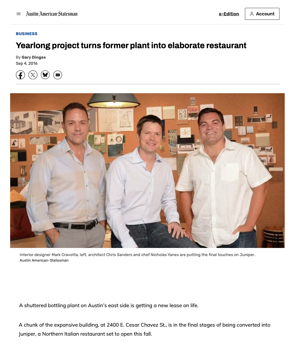Mark Cravotta, architect Chris Sanders, and chef Nicholas Yanes at Juniper restaurant Austin, Austin American-Statesman