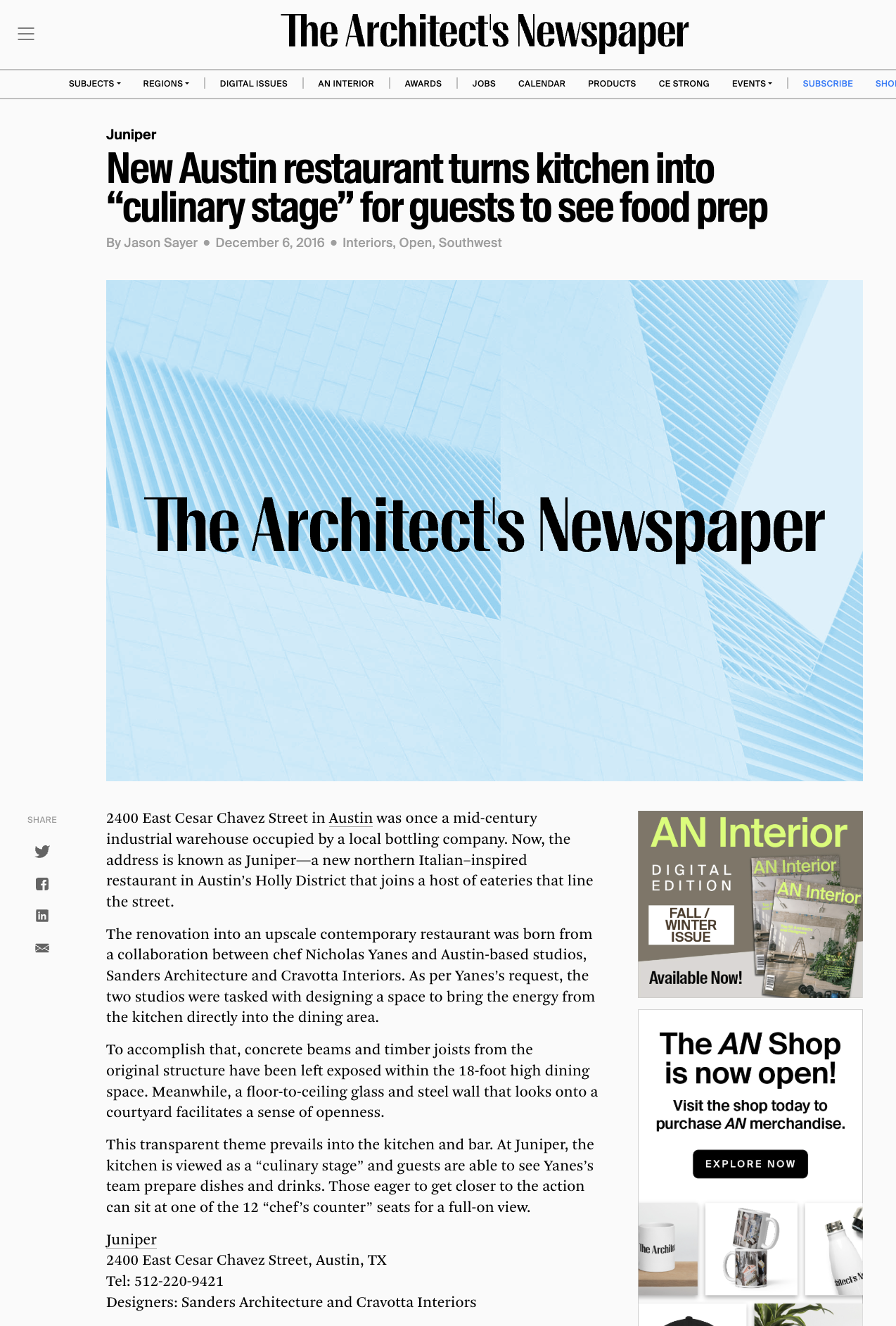 Juniper restaurant Austin featured in The Architect's Newspaper, open kitchen as culinary stage, interiors by Cravotta Interiors