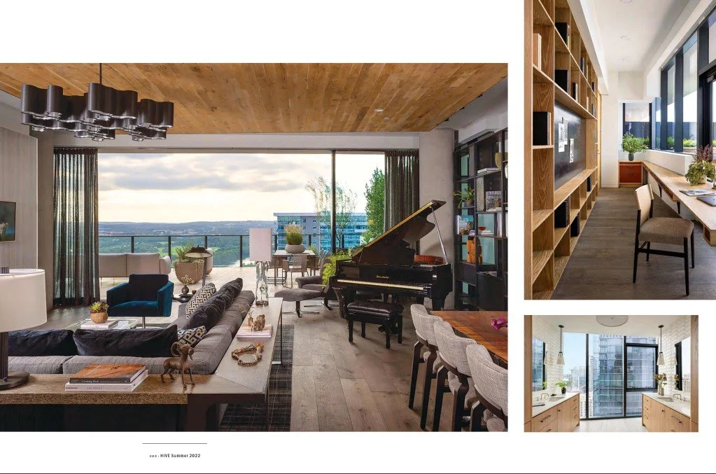 Proper Penthouse living room, office, and primary bath at Austin Proper, designed by Cravotta Interiors, featured in Hive